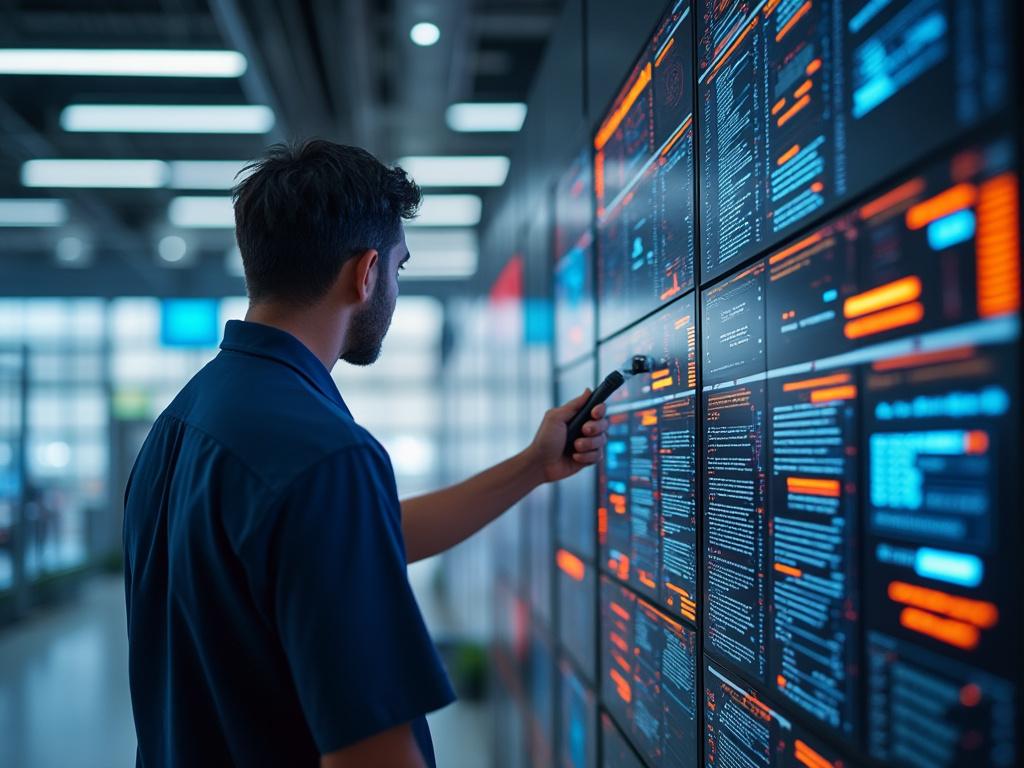 Person analyzing data on a digital screen wall displaying colorful code and graphs in a modern tech environment.