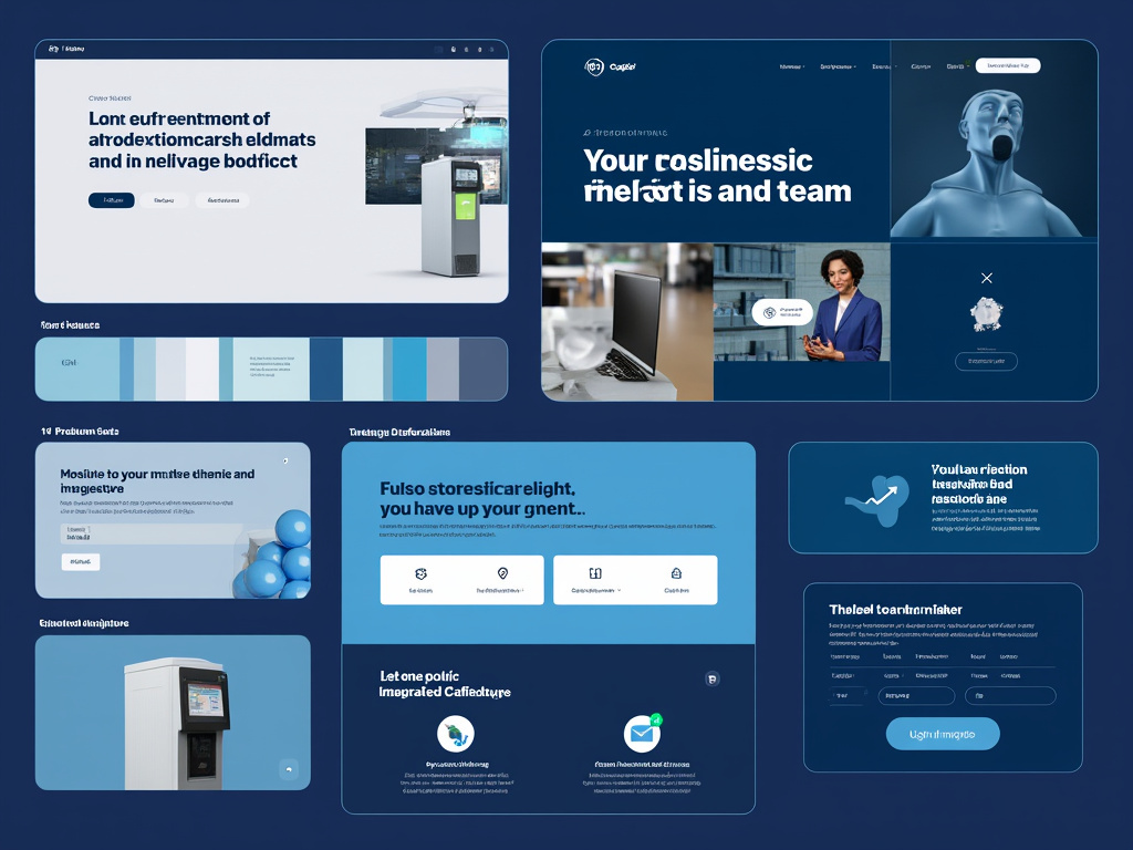 Collage of website design mockups featuring text, navigation elements, and various images including a computer, a business professional, and abstract graphics.