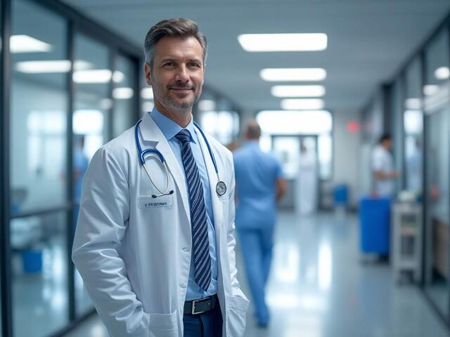 Médico sorridente com jaleco branco e estetoscópio, em corredor de hospital moderno Médico sorridente com jaleco branco e estetoscópio, em corredor de hospital moderno