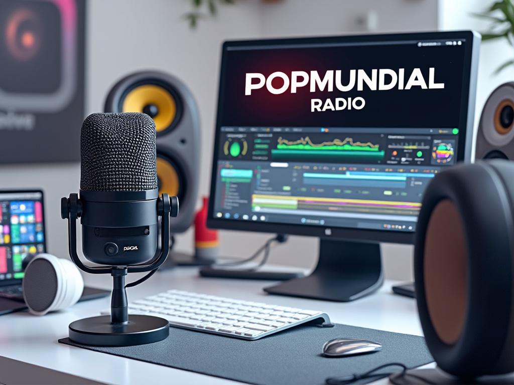 Home studio setup with microphone, computer, and monitor displaying radio software interface.
