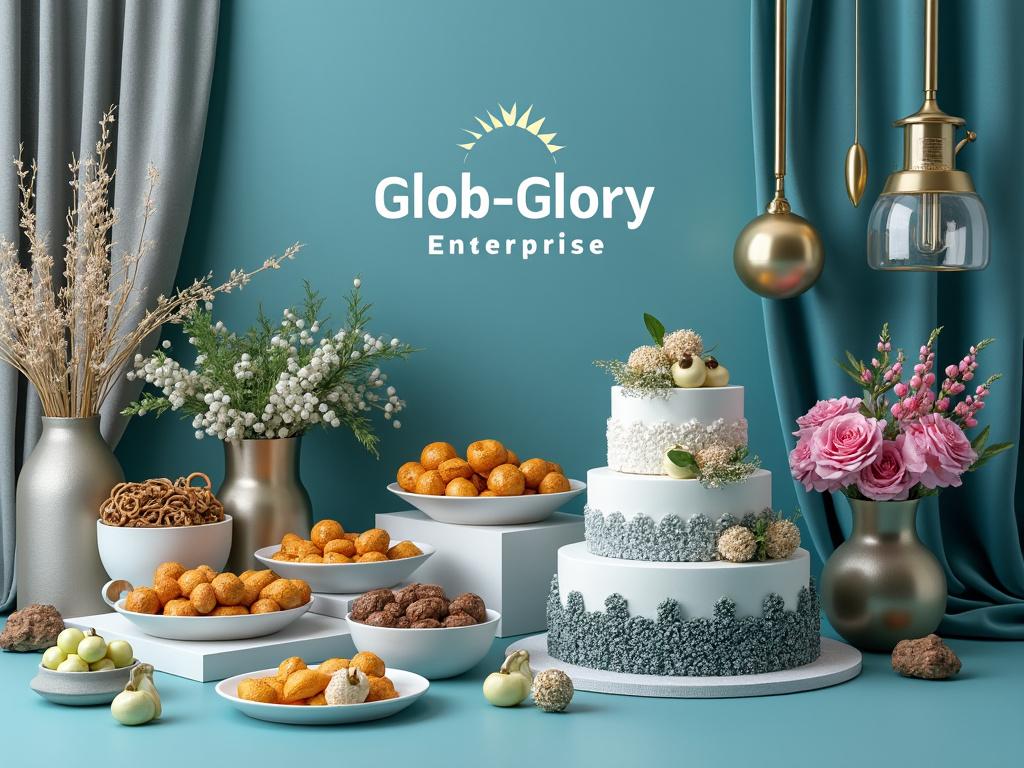 Elegant table setup with a three-tier cake, assorted pastries, and floral arrangements on a teal backdrop with 'Glob-Glory Enterprise' logo.