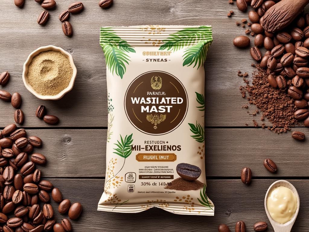 Packet of coffee-flavored snack surrounded by coffee beans, spoon with powder, and chocolate on a wooden surface.