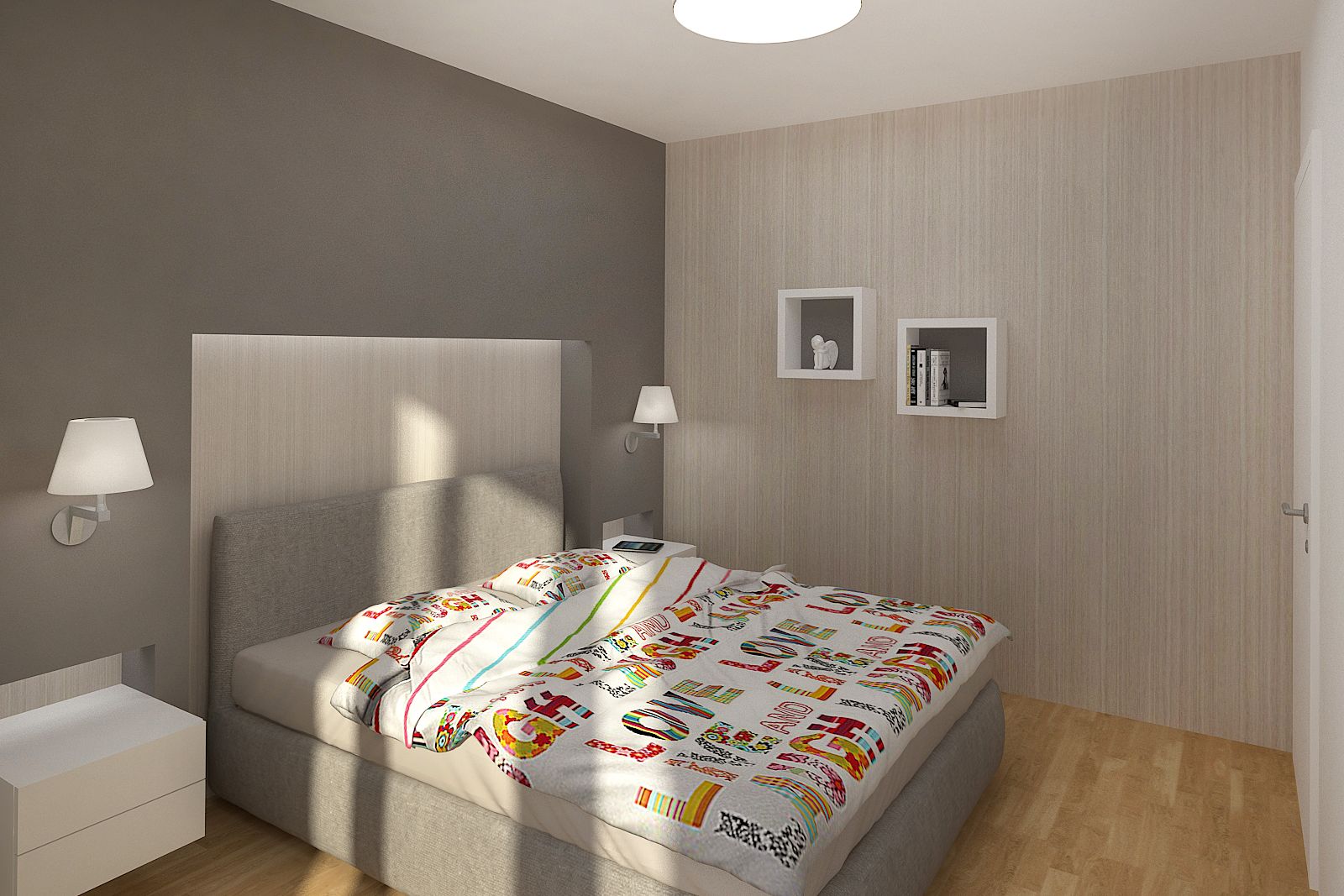 Stena z integriranimi nočnimi omaricami in posteljo ter diskretno osvetlitvijo