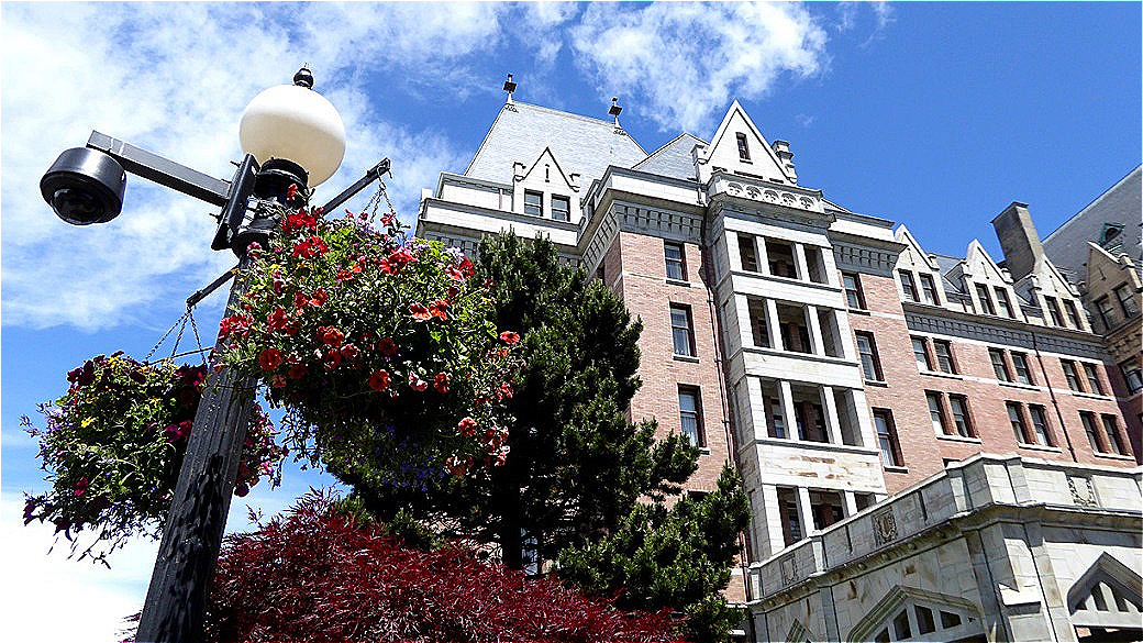 Blumenampeln zieren die Straßen der ganzen Stadt
