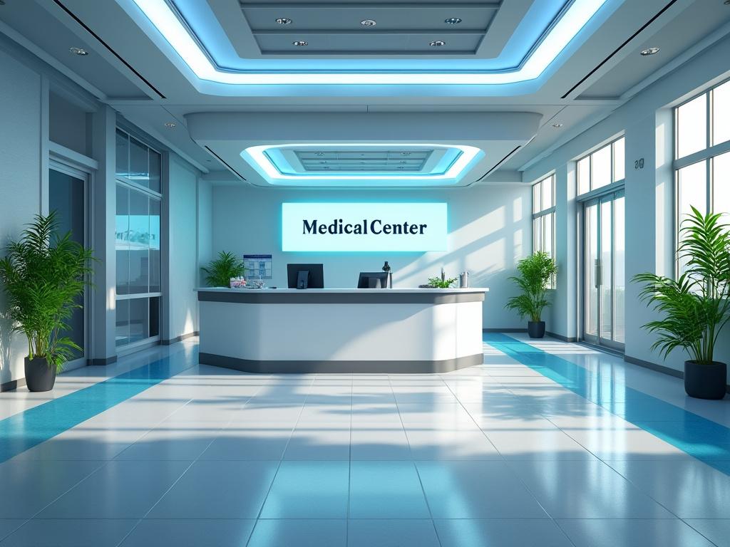 Modern medical center reception area with a sleek design, blue accents, and potted plants.