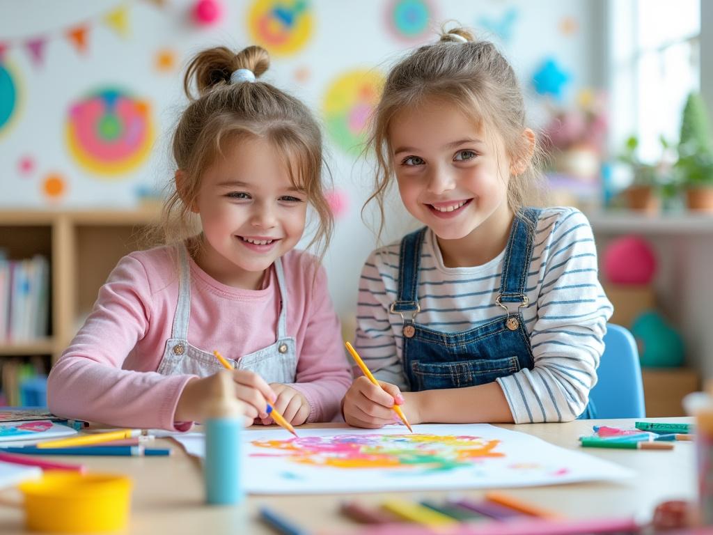 Two young girls smiling and painting at a colorful craft table in a bright classroom.