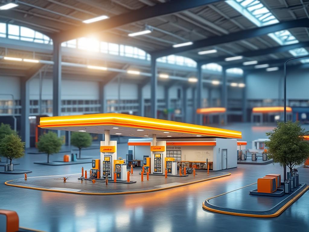 Station-service moderne avec toit lumineux, pompes à essence orange et arbres environnants sous un grand hangar.