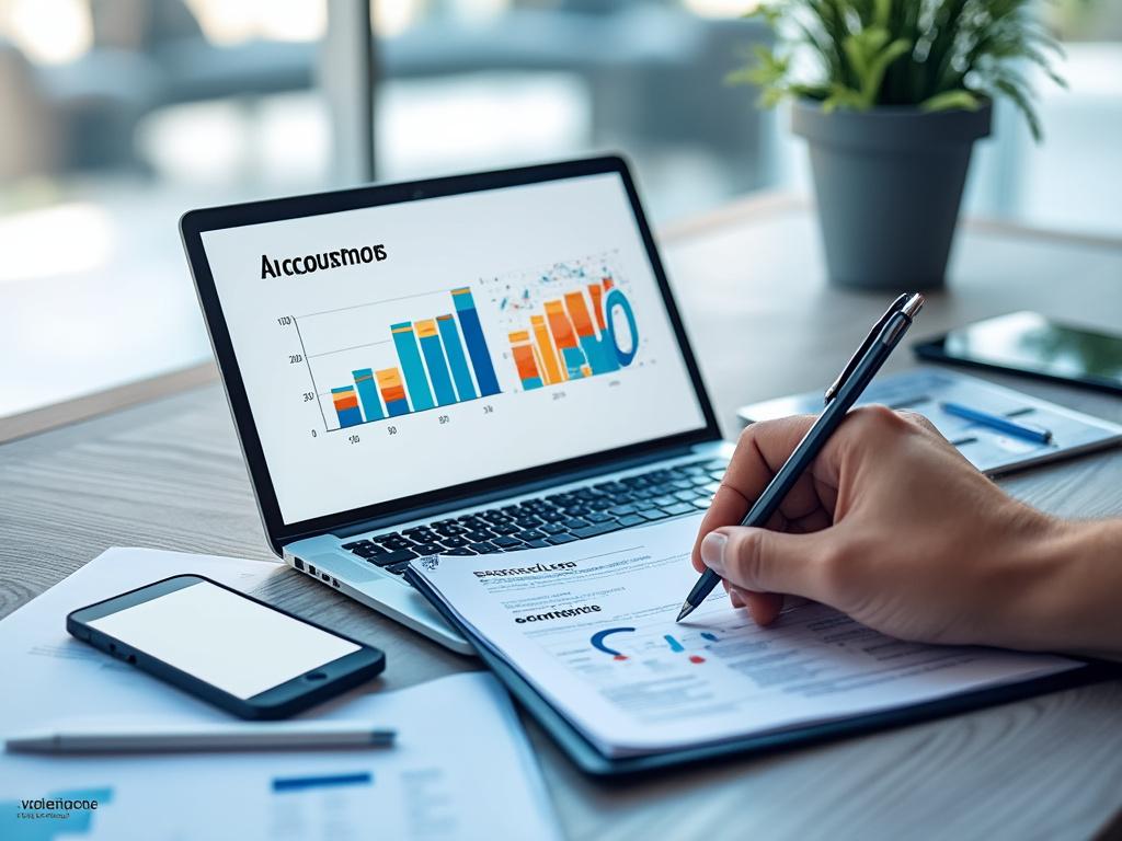 Pessoa analisando gráficos financeiros no laptop com documentos e smartphone sobre a mesa de escritório.