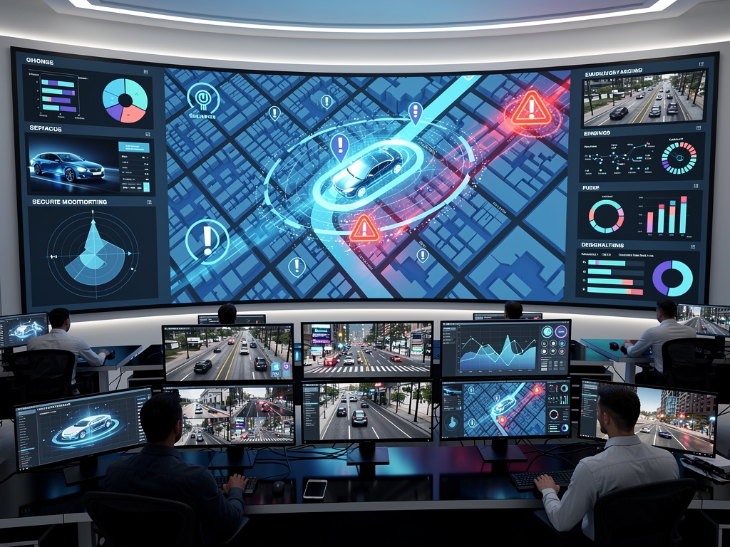Fleet telematics software website and mobile app displayed on desktop, laptop, tablet, and smartphone screens
