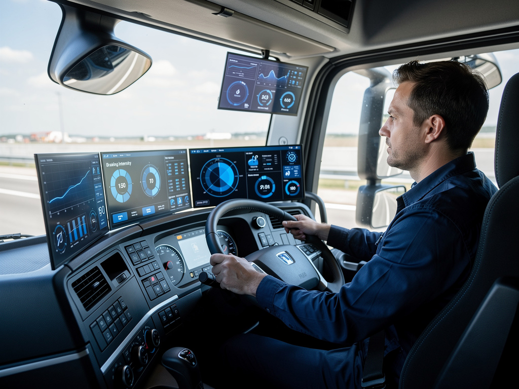 Fleet management software website displayed on desktop monitor and laptop with GPS tracking, fuel monitoring, and smart mobility features
