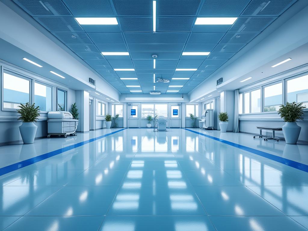 Modern hospital corridor with glossy floors, potted plants, and medical equipment.