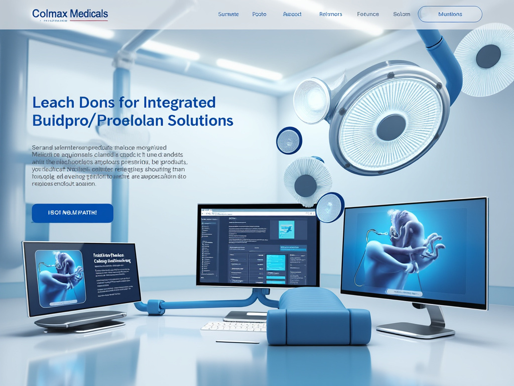 Futuristic medical technology workspace with digital screens displaying blue medical imagery and a surgical light fixture overhead.