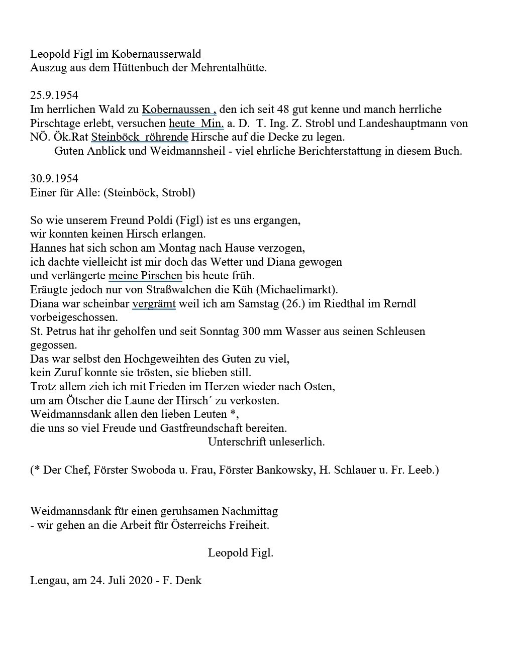 Reinschrift derSeite im Hüttenbuch vom 30. Sept. 1954