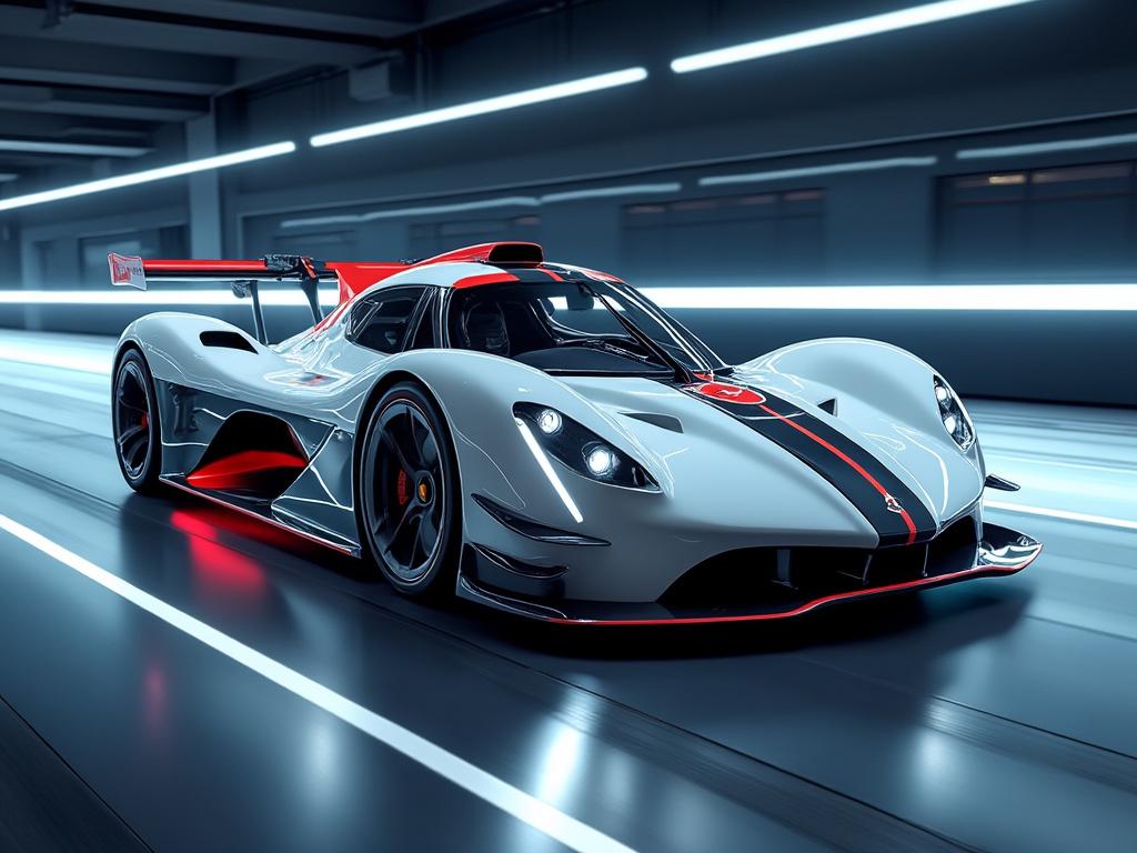 Futuristic white hypercar with aerodynamic design and black accents racing through a neon-lit tunnel. Futuristic white hypercar with aerodynamic design and black accents racing through a neon-lit tunnel.