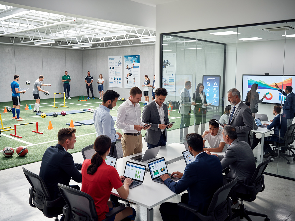 Profissionais em reunião de negócios com laptops em escritório moderno integrado a centro de treinamento esportivo com atletas praticando Profissionais em reunião de negócios com laptops em escritório moderno integrado a centro de treinamento esportivo com atletas praticando