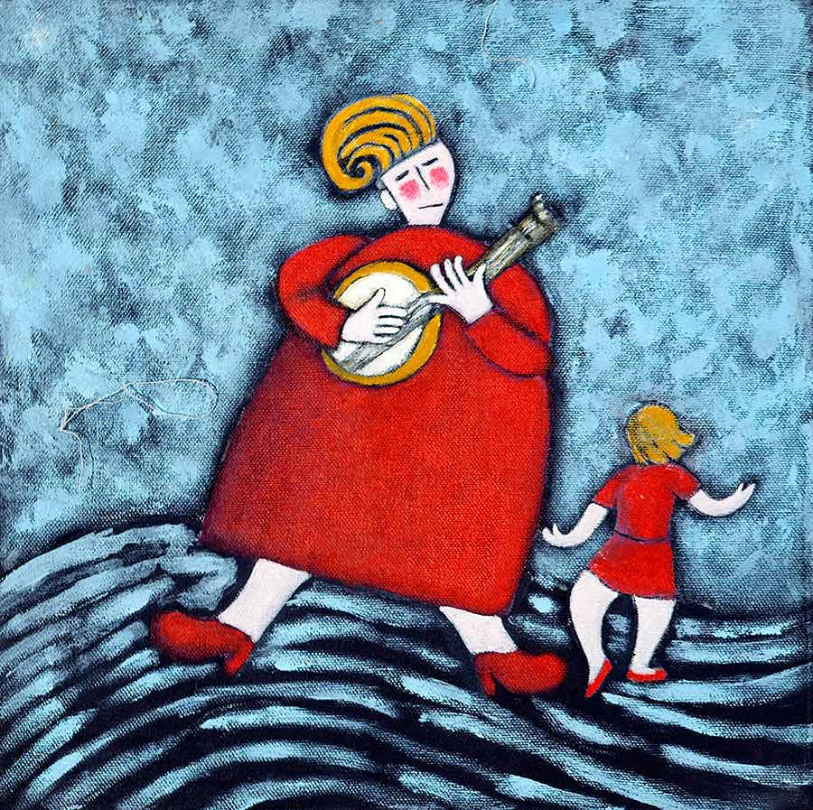 painting of a mother playing a sea shanty for her little girl to dance to by Welsh artist Muriel Williams