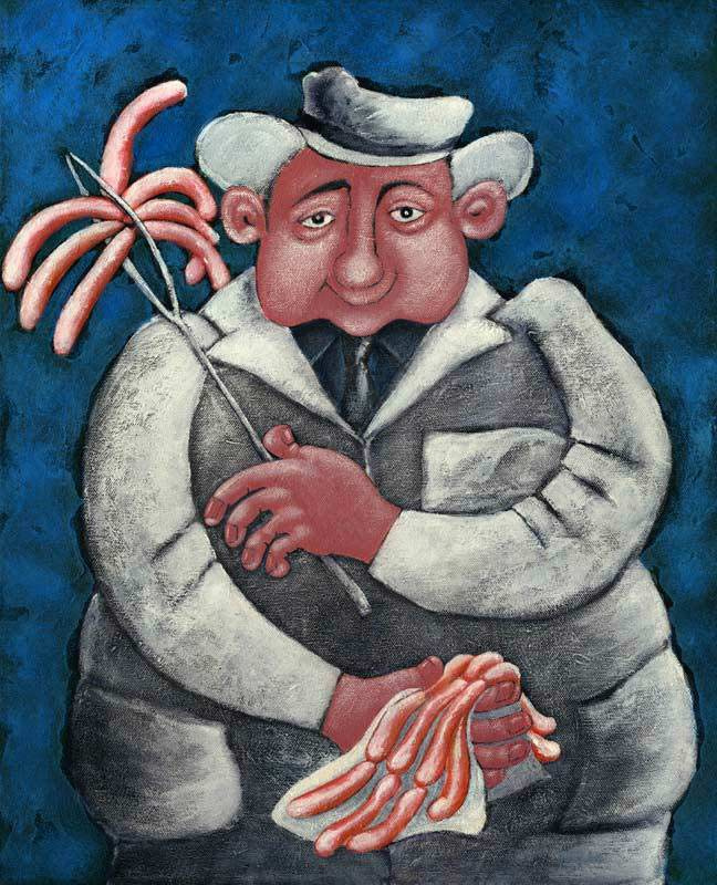 humorous painting of a butcher with sausages by Welsh artist Muriel Williams