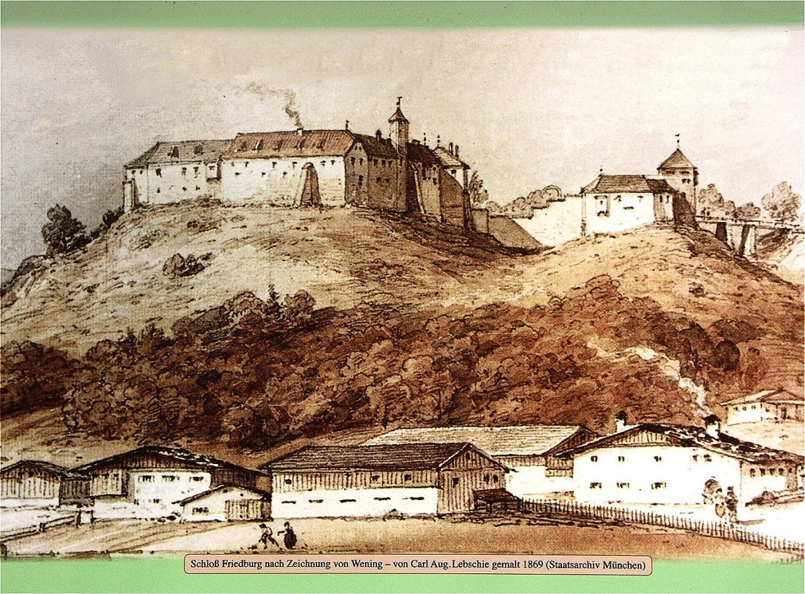 Das landesfürstliche Schloss Friedburg (Zeichnung von Wening 1721)