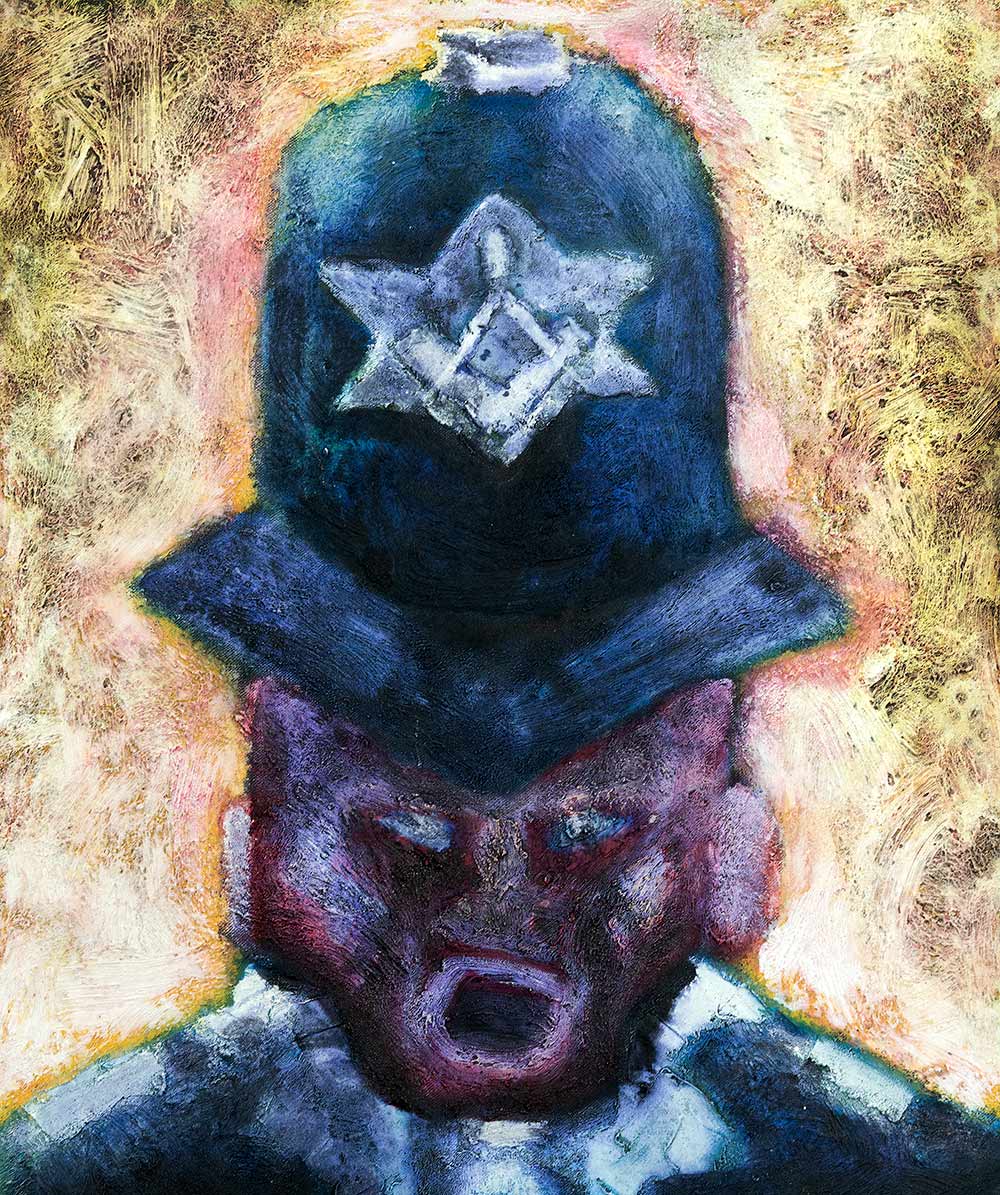 painting of a traditional British policeman shouting by contemporary Welsh artist Mark Lloyd Williams