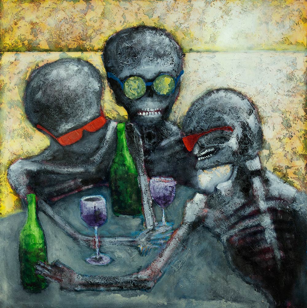 surreal painting by Contemporary British artist Mark Lloyd Williams of three skeletons enjoying drinks at a table at a beach front bar