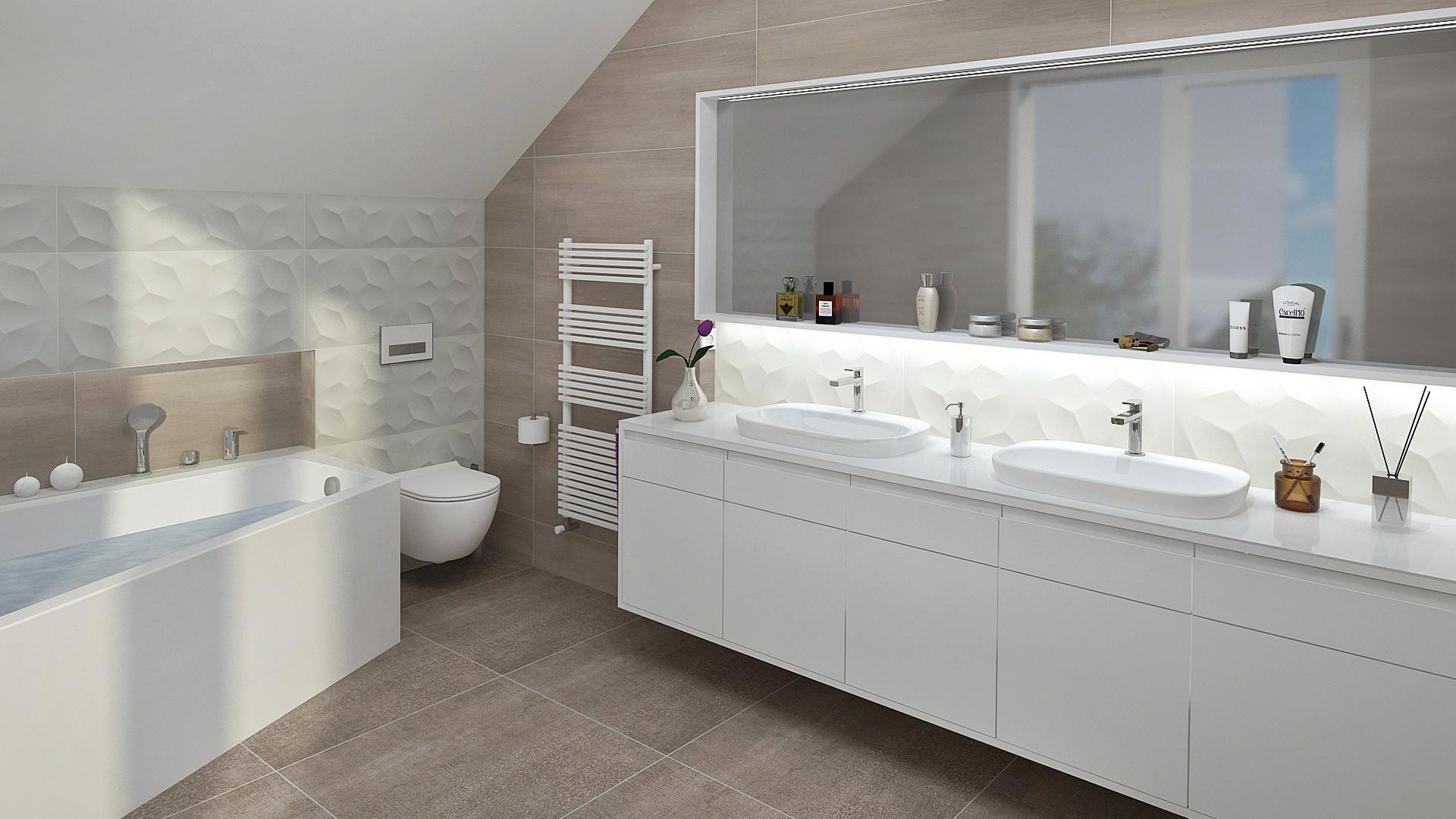Moderna kopalnica obložena s 3d oblikovano keramiko v cvetličnem vzorcu