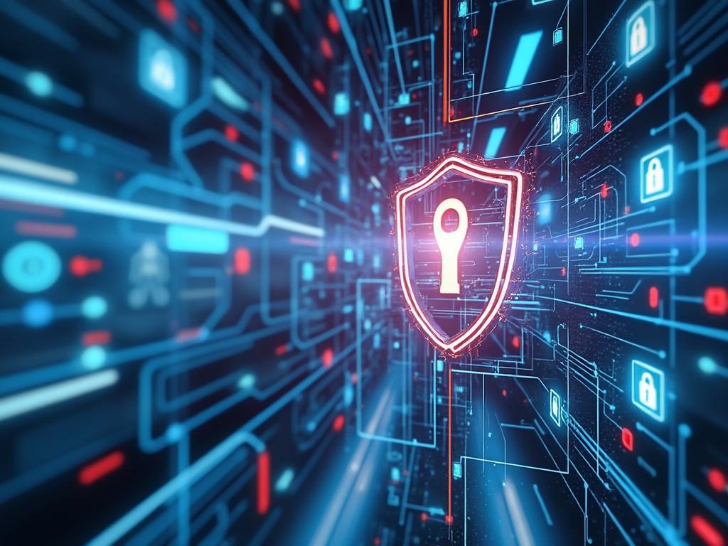 Futuristic digital security concept with illuminated shield and keyhole surrounded by data streams and virtual locks.