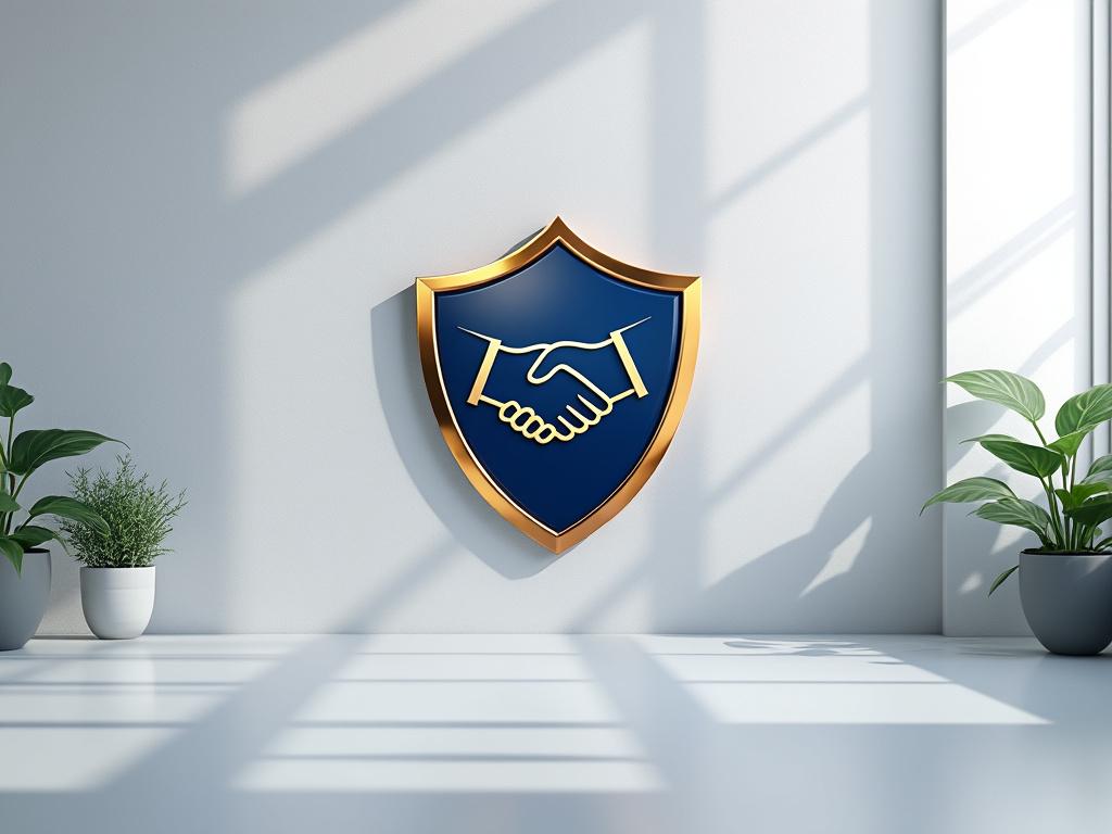 Interior wall with gold shield emblem showing handshake symbol, flanked by potted plants.