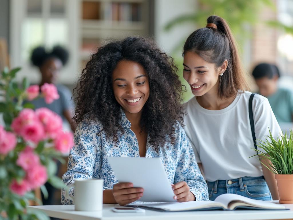 Two women smiling while looking at a document, with a pink flower and a potted plant in the foreground.