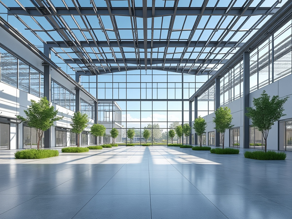 Grande átrio moderno com teto de vidro, árvores verdes em vasos e piso de cerâmica cinza.