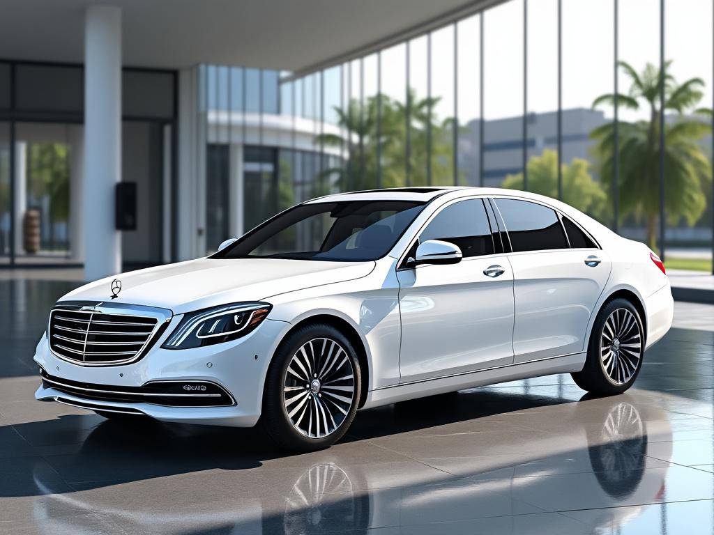Luxury white sedan parked in a modern showroom setting with large windows and palm trees visible outside.