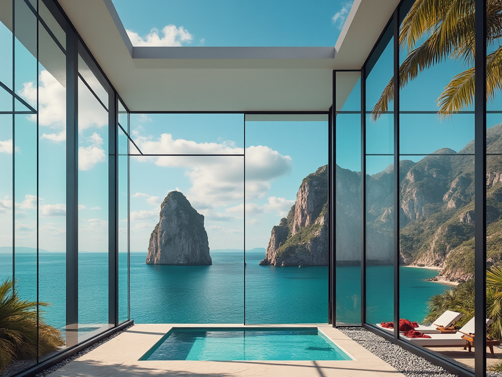 Vista de uma sala envidraçada com piscina, mostrando um mar azul e uma formação rochosa distante sob um céu ensolarado.