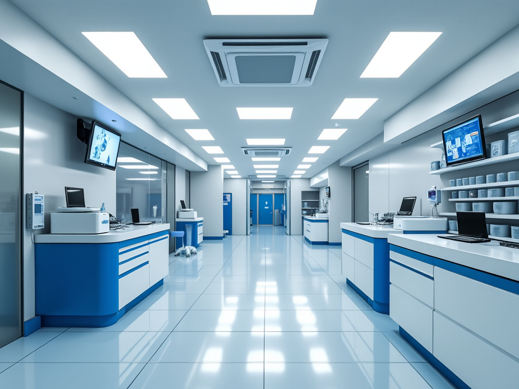 Modern laboratory interior with blue and white color scheme, featuring workstations, computers, and shelves, under bright fluorescent lighting.
