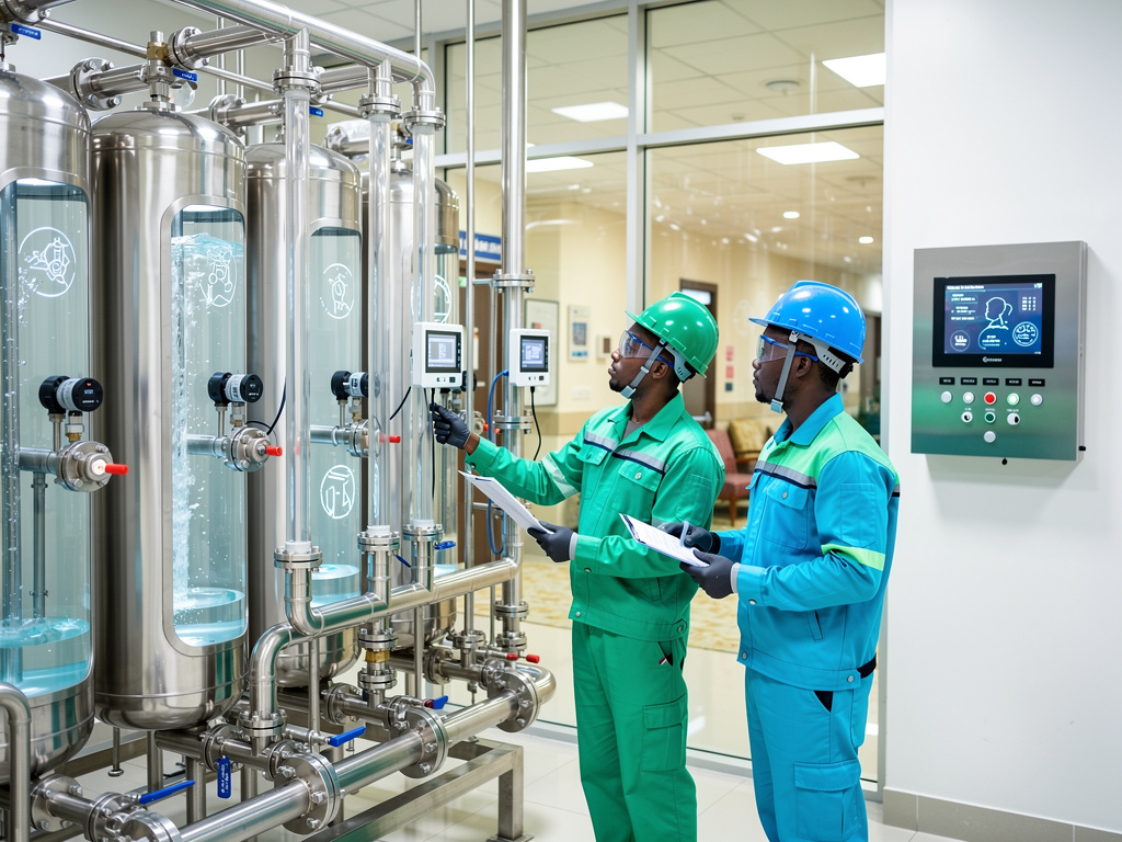 Technicians inspecting stainless steel industrial water treatment system with digital control panels

