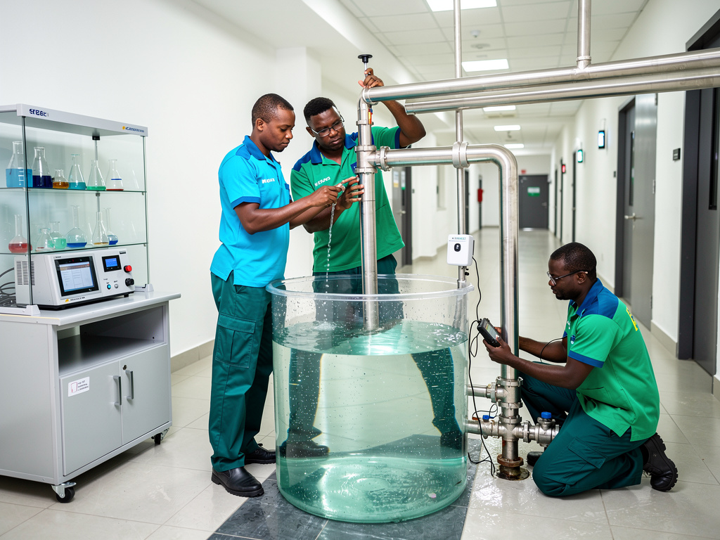 Technicians testing industrial water filtration system with pipes and clear tank in laboratory
