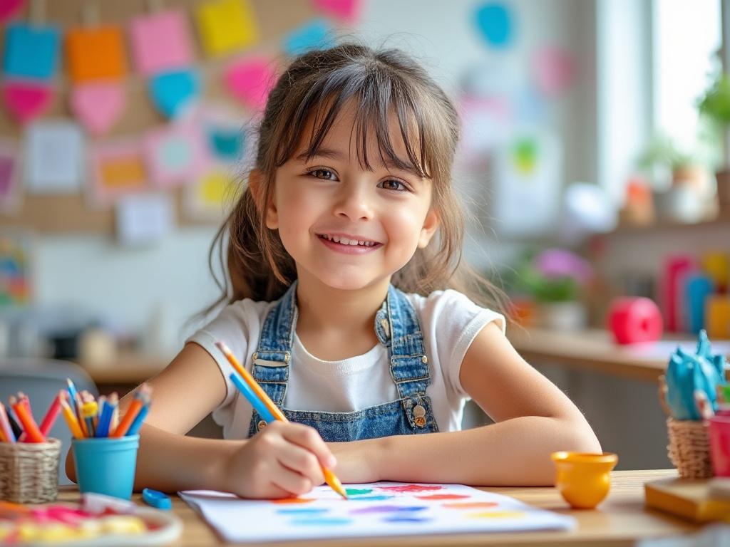Smiling young girl in denim overalls drawing with colored pencils at a table, with a colorful classroom background.