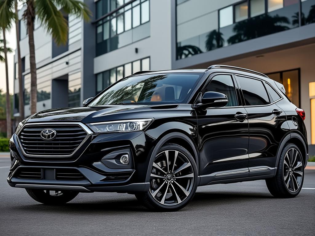 Sleek black SUV parked in front of modern building with palm trees, featuring stylish design and alloy wheels.