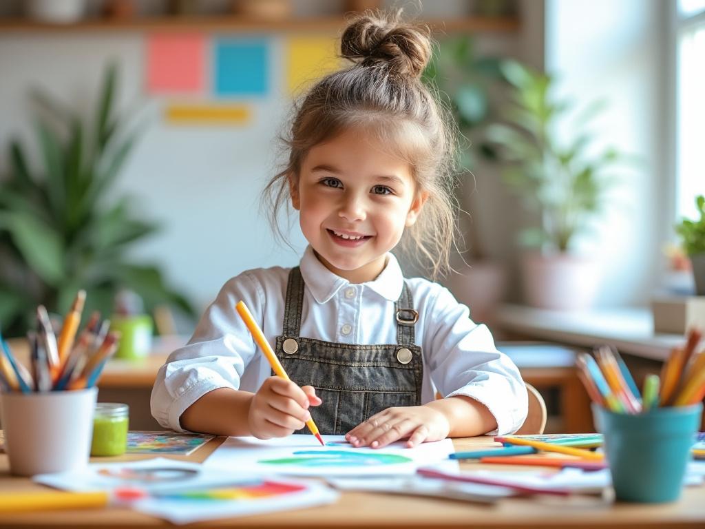 Smiling young girl drawing at a table in a bright and cozy room with plants and colorful art supplies.