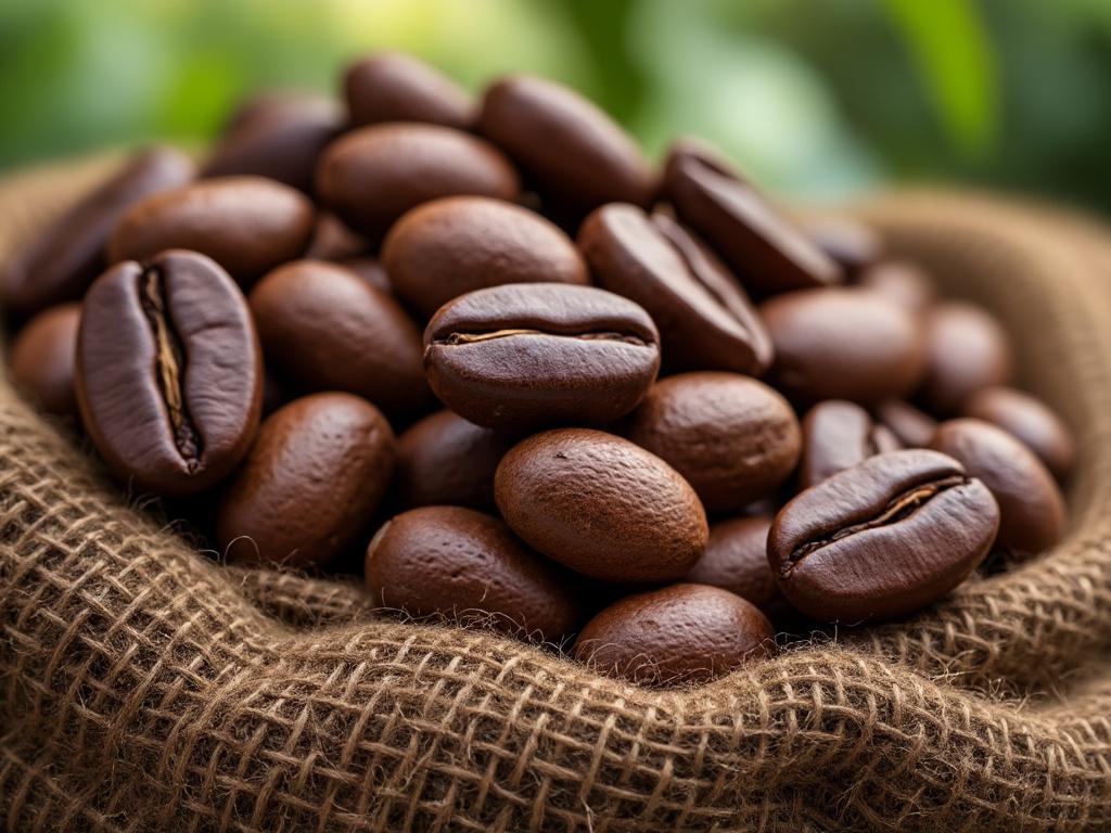 A pile of roasted coffee beans on a burlap sack with a green blurred background.