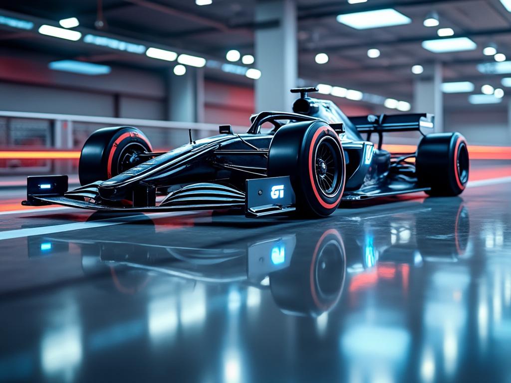 Sleek black Formula 1 race car with red accents parked indoors on a reflective surface with modern lighting. Sleek black Formula 1 race car with red accents parked indoors on a reflective surface with modern lighting.