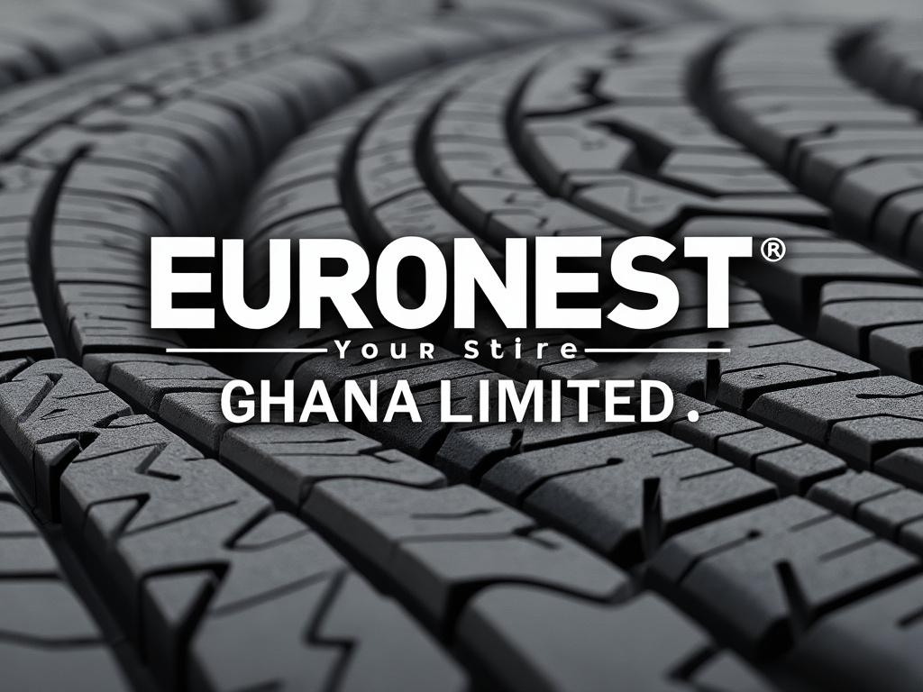 Close-up image of tire treads with Euronest Ghana Limited logo prominently displayed.
