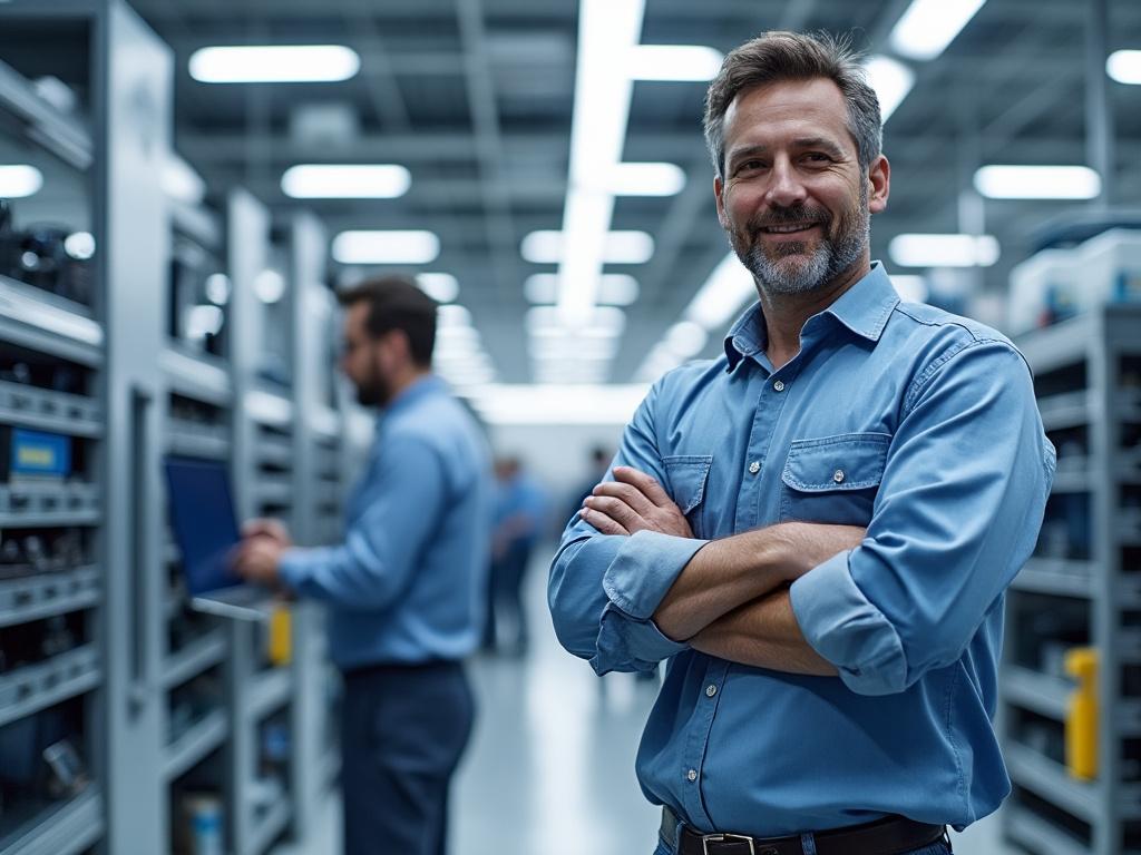 Confident man in blue shirt standing in a modern server room, with another man working on a laptop in the background.