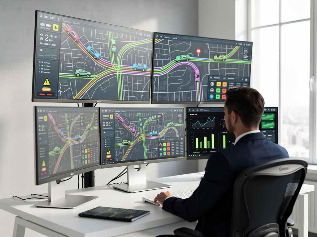 Traffic control operator monitoring smart city road maps and vehicle data on multiple screens