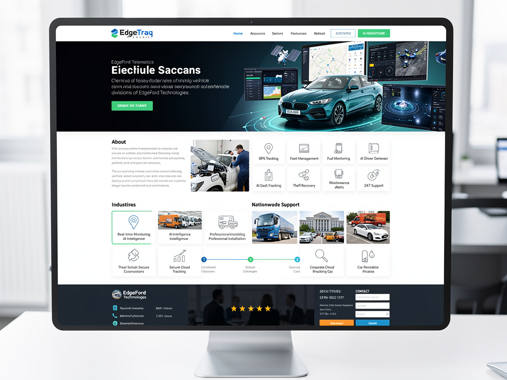 Desktop monitor displaying a vehicle telematics and GPS fleet management website with connected car dashboard and tracking features