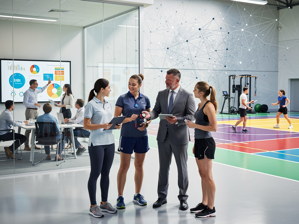 Equipe de profissionais de esporte analisando dados em centro de treinamento moderno com quadra e sala de reunião