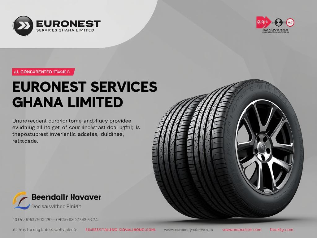 Advertisement for Euronest Services Ghana Limited featuring a stack of four neatly arranged car tires on a gray background, highlighting their automotive services.