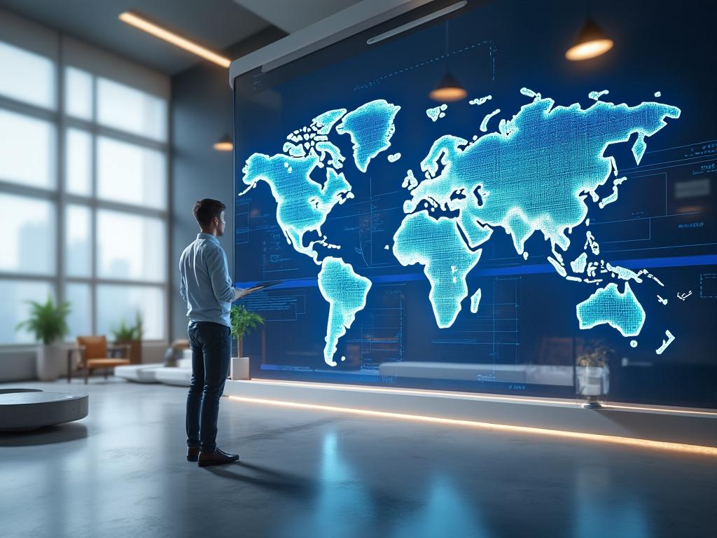 Bărbat privind o hartă digitală luminoasă a lumii pe un ecran mare într-un birou modern.