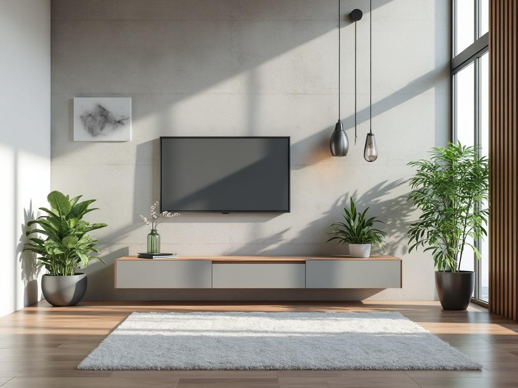 Sala de estar moderna com decoração minimalista, TV de tela plana na parede, plantas em vasos, luminárias suspensas e tapete cinza. Sala de estar moderna com decoração minimalista, TV de tela plana na parede, plantas em vasos, luminárias suspensas e tapete cinza.