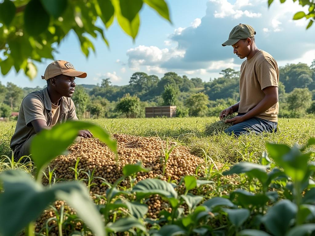 Two farmers sitting in a lush green field harvesting peanuts under a clear sky.
