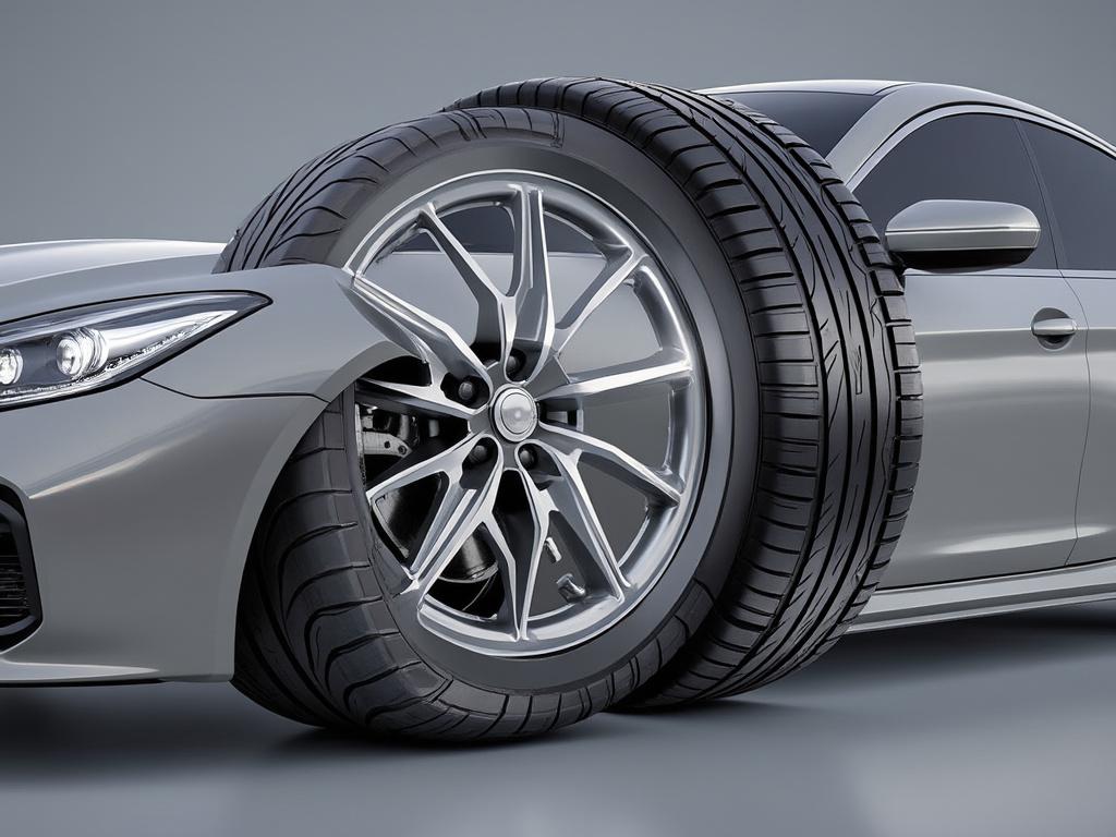 Close-up view of a sleek, silver sports car with stylish alloy wheels and new high-performance tires.