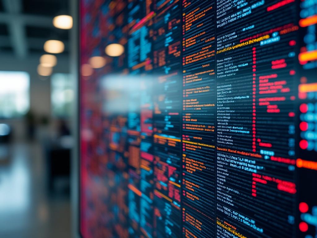 Close-up view of computer screen displaying colorful programming code, blurred office background